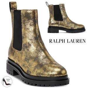 RALPH LAUREN Corinne Booties Gold Black Suede Leather Pull-On Chelsea Boots 7.5